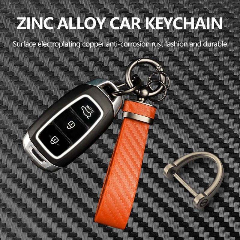 Turcee Carbon Fiber Car Keychain Automotive Interior Accessories Keychains Leather Car Key Fob Car Accessories Key Ring&Anti-Lost D-Ring(Orange) - Image 3